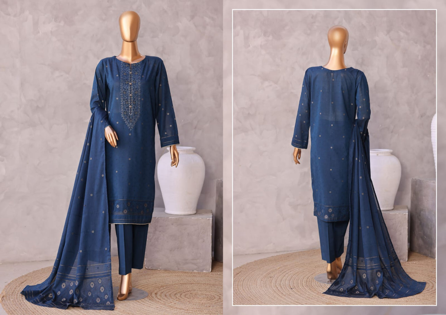 Valencia By HZ, 3 Peices Ebroidered Jacquard Lawn 20 Pcs Set