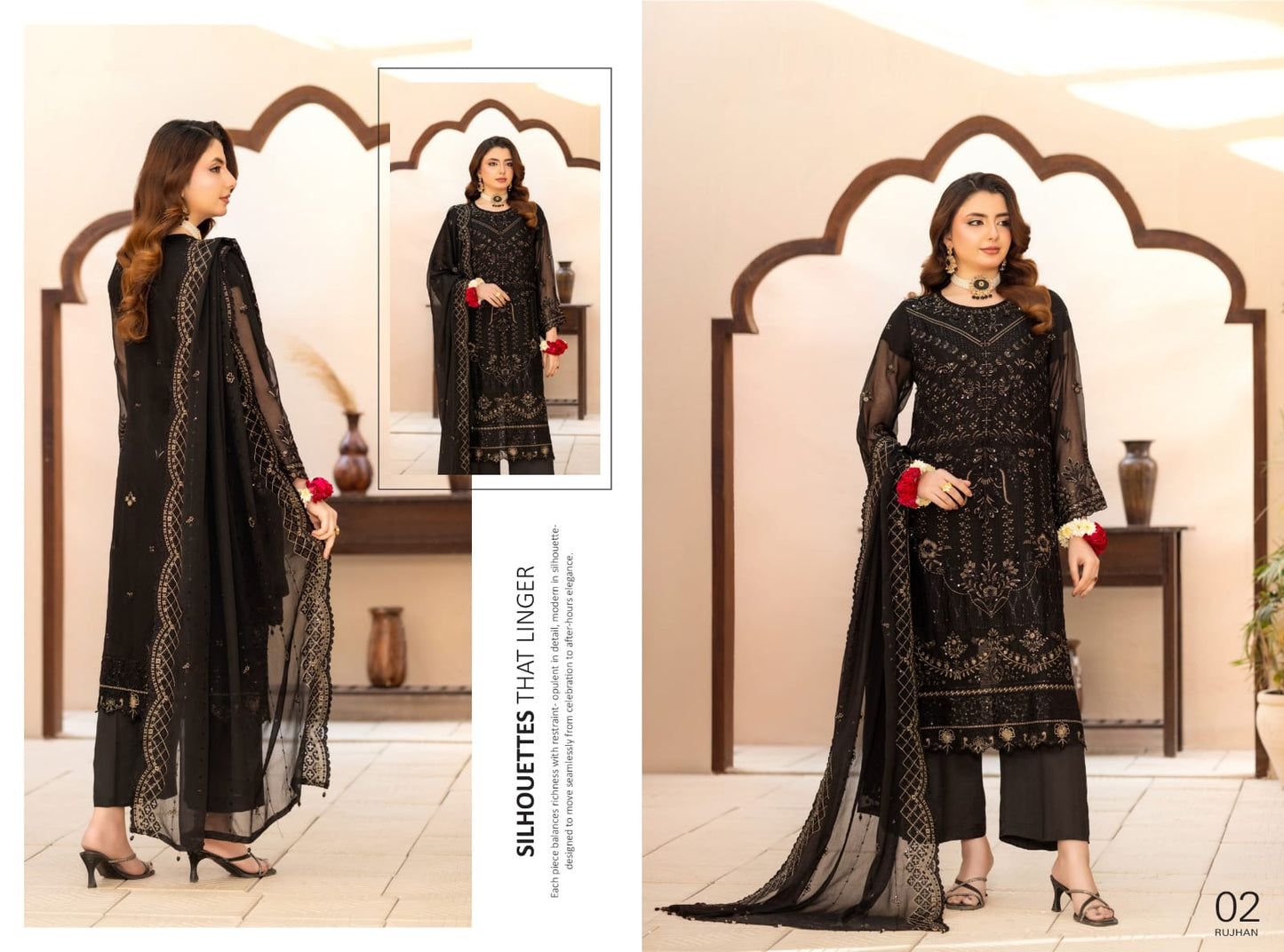 Rujhaan Presents SOLIS 3 Peices Luxury Embroidered Shiffon With Hand Embellishment 08 Pcs Set