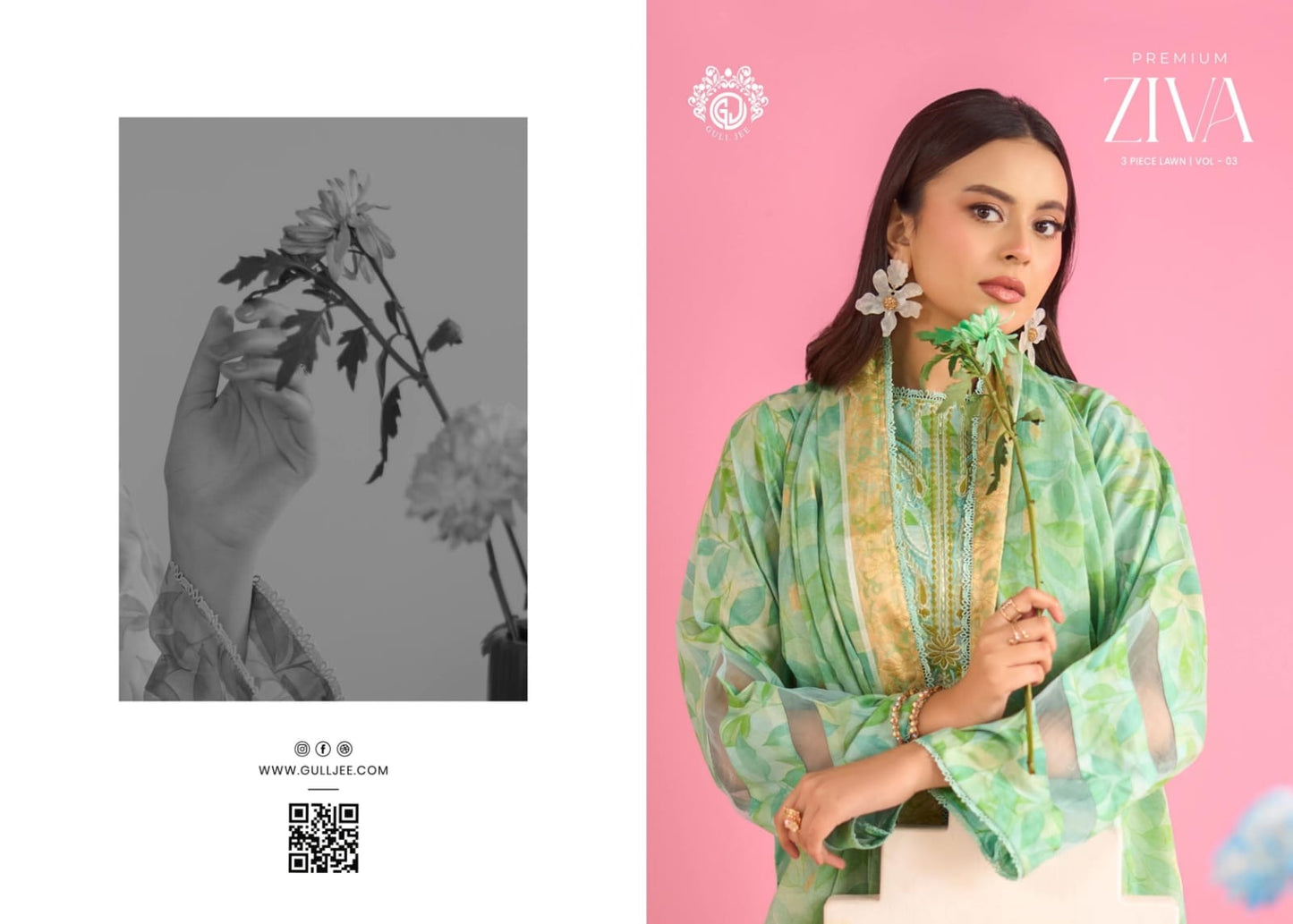 Ziva By Gul Jee 3-Pieces Digital Printed & Embroidered Lawn 12 PCS Set.