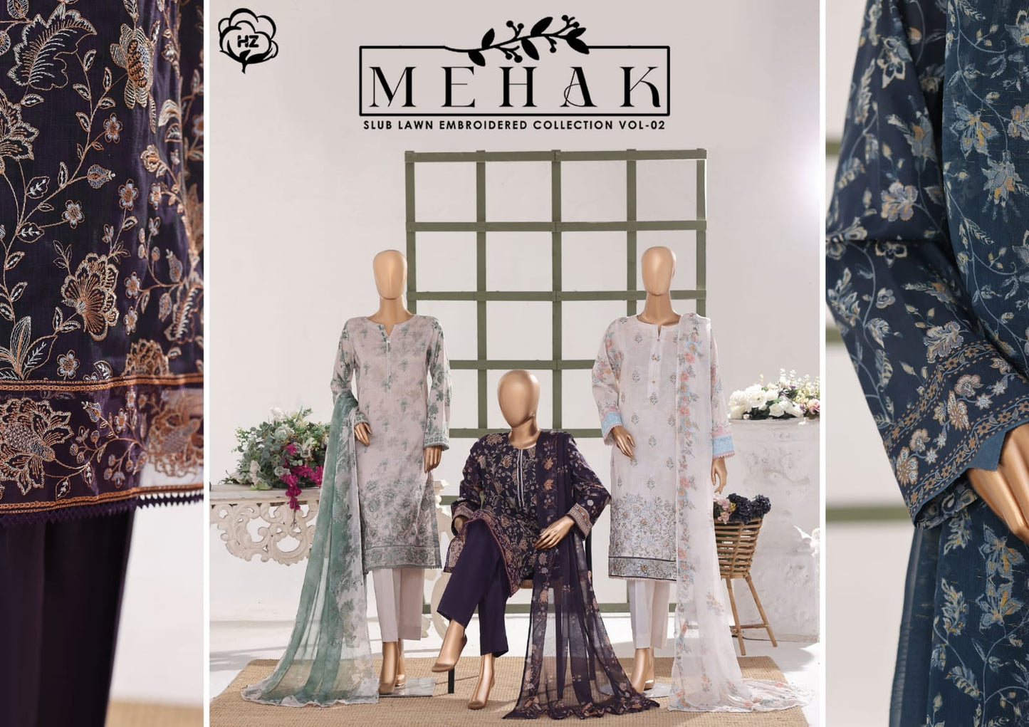 Mehak Slub By HZ 3 Peices Embriodered Lawn 14 Pcs set