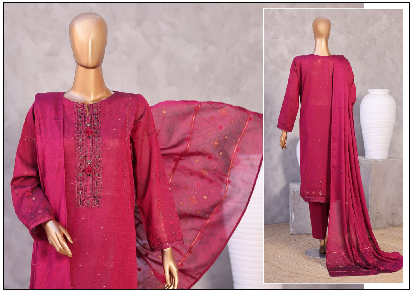 Valencia By HZ, 3 Peices Ebroidered Jacquard Lawn 20 Pcs Set