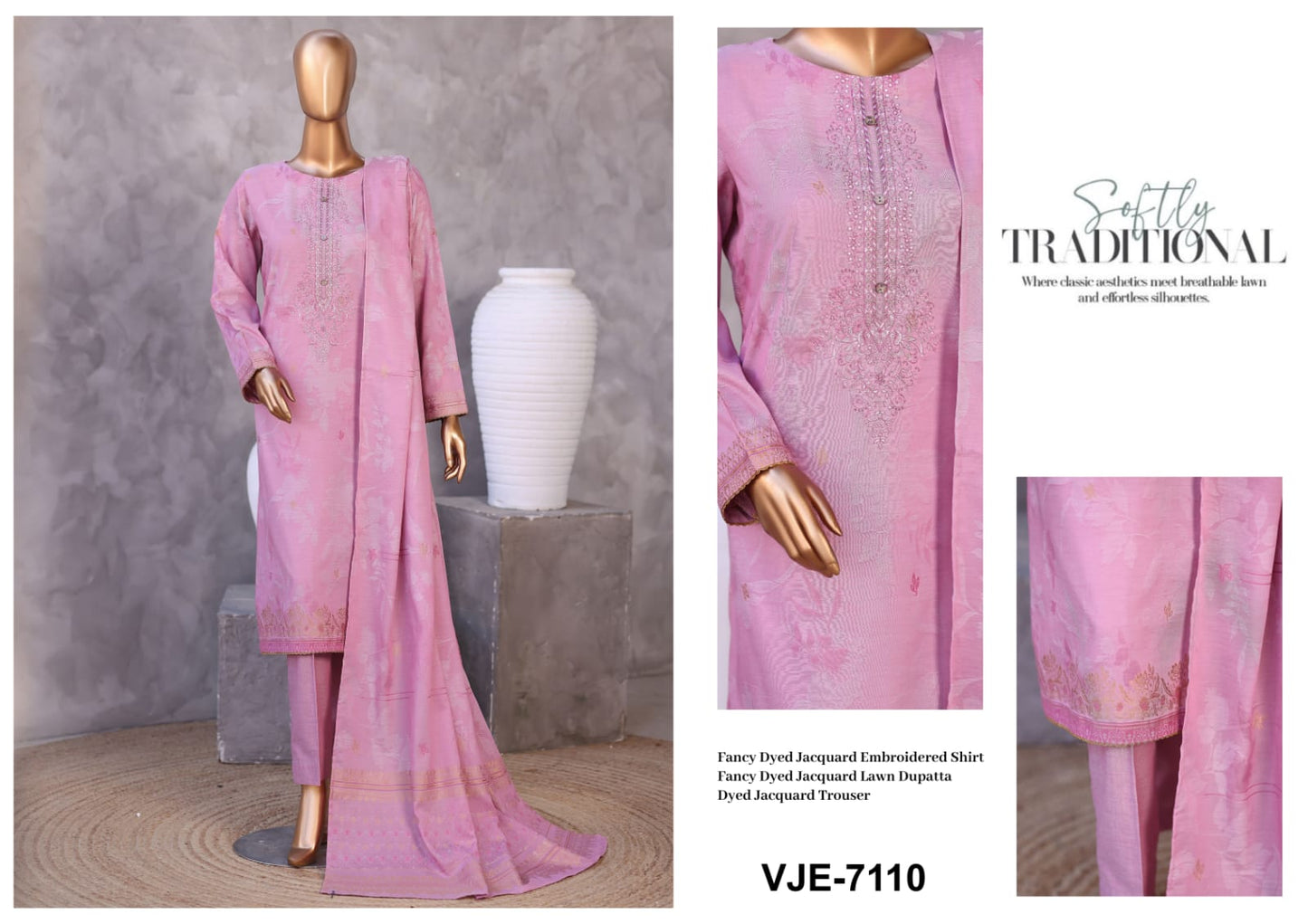 Valencia By HZ, 3 Peices Ebroidered Jacquard Lawn 20 Pcs Set
