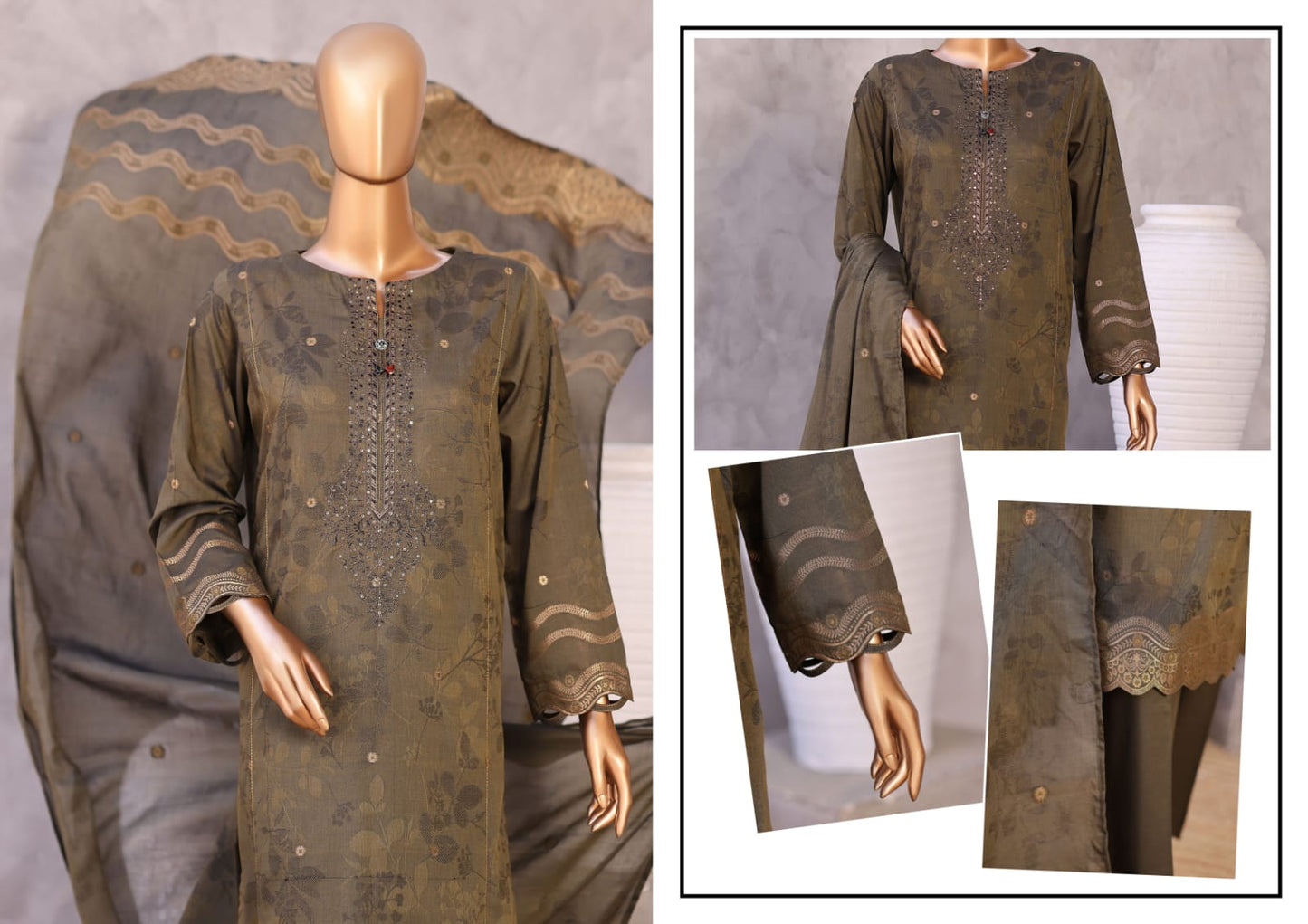 Valencia By HZ, 3 Peices Ebroidered Jacquard Lawn 20 Pcs Set