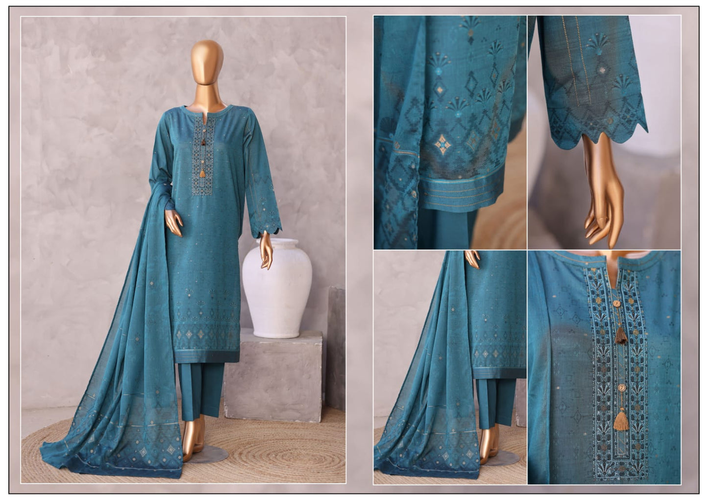 Valencia By HZ, 3 Peices Ebroidered Jacquard Lawn 20 Pcs Set