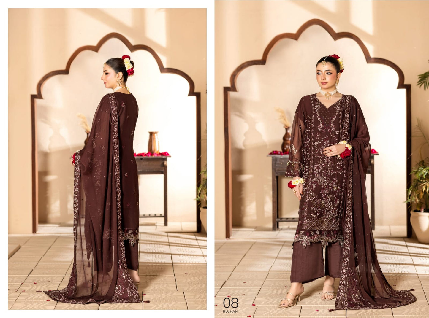 Rujhaan Presents SOLIS 3 Peices Luxury Embroidered Shiffon With Hand Embellishment 08 Pcs Set