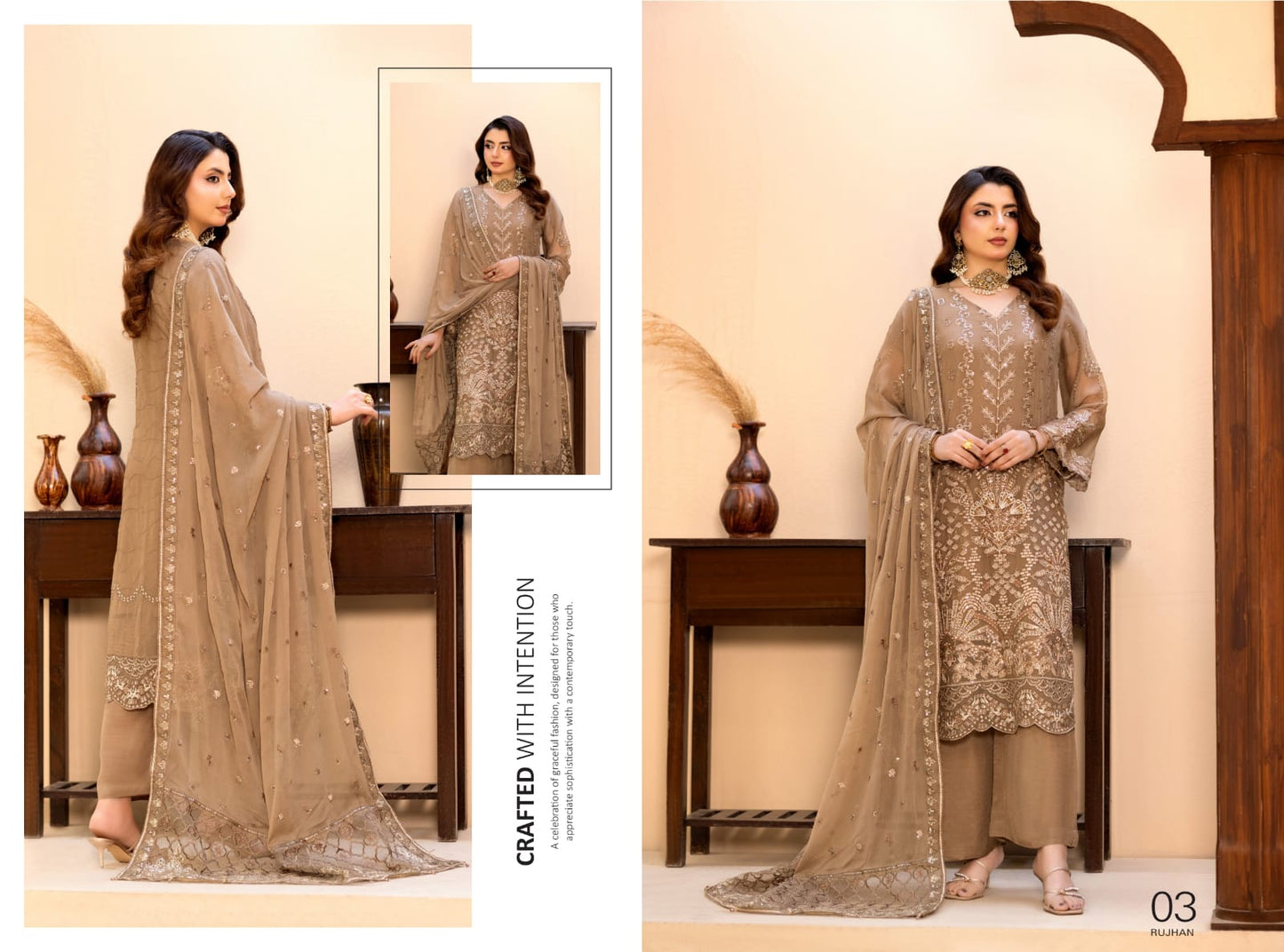 Rujhaan Presents SOLIS 3 Peices Luxury Embroidered Shiffon With Hand Embellishment 08 Pcs Set