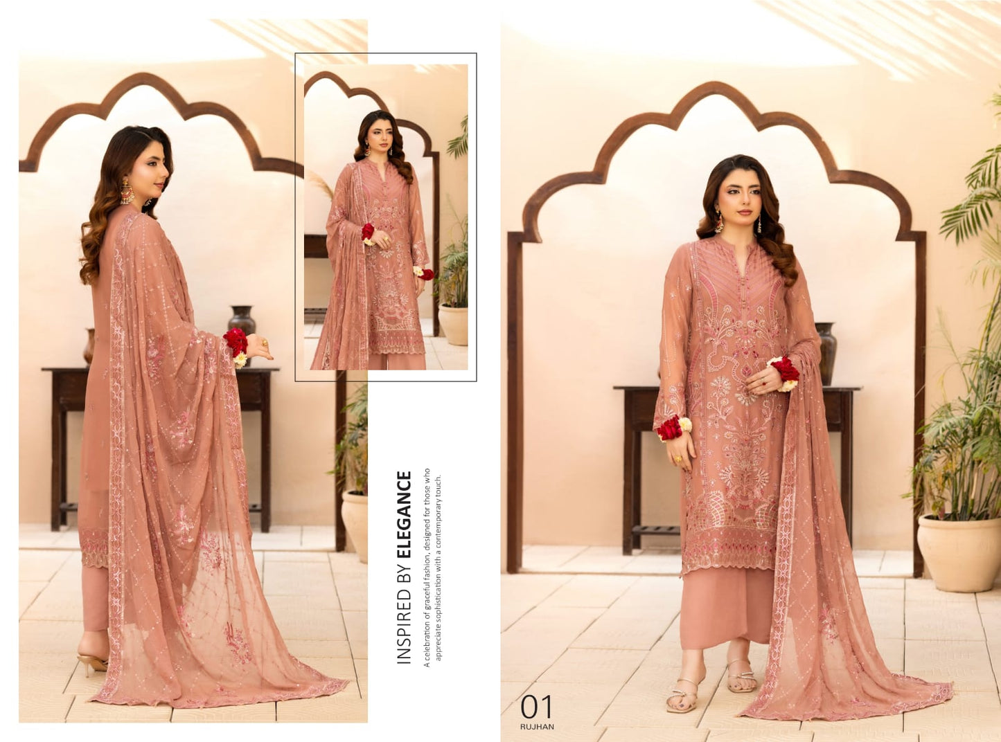 Rujhaan Presents SOLIS 3 Peices Luxury Embroidered Shiffon With Hand Embellishment 08 Pcs Set
