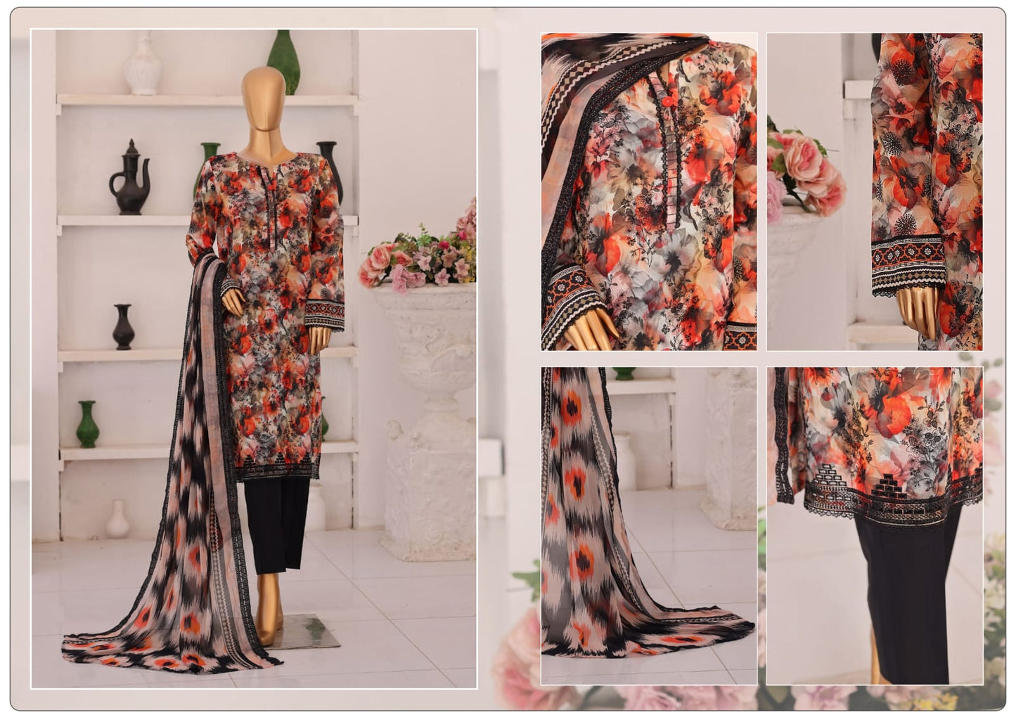 HZ Premium Vol-02 3 Peices Embroidered with Printed Chikankari 05 Pcs Set