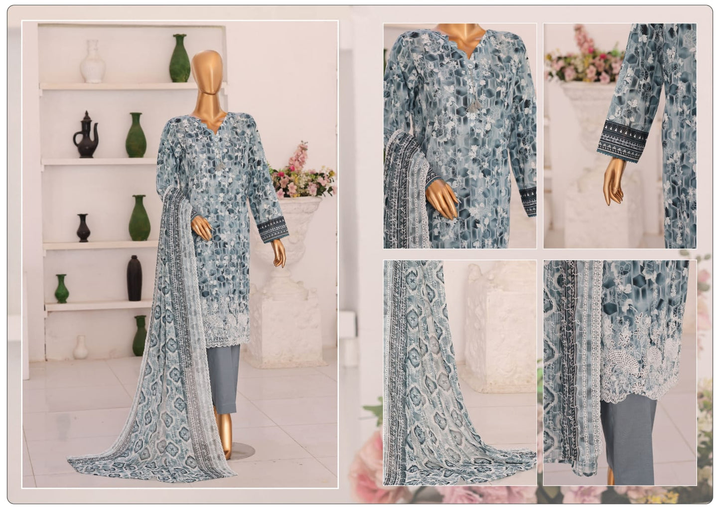 HZ Premium Vol-02 3 Peices Embroidered with Printed Chikankari 05 Pcs Set