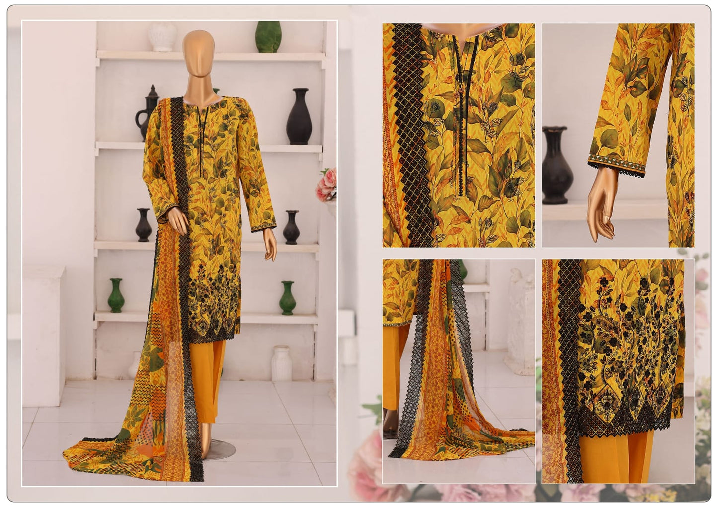HZ Premium Vol-02 3 Peices Embroidered with Printed Chikankari 05 Pcs Set