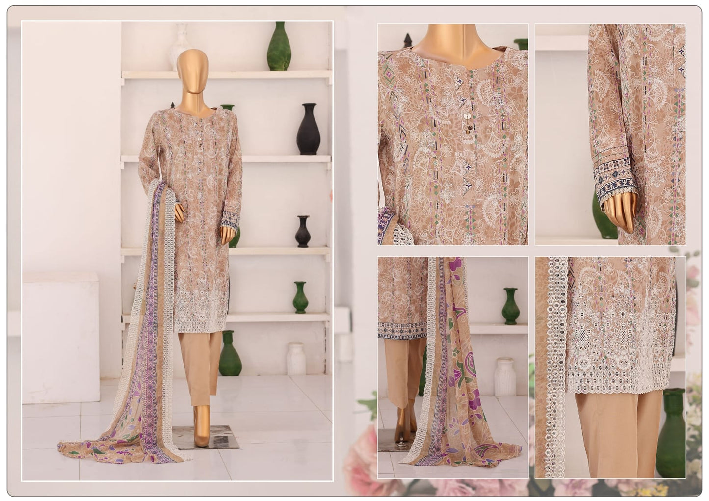 HZ Premium Vol-02 3 Peices Embroidered with Printed Chikankari 05 Pcs Set