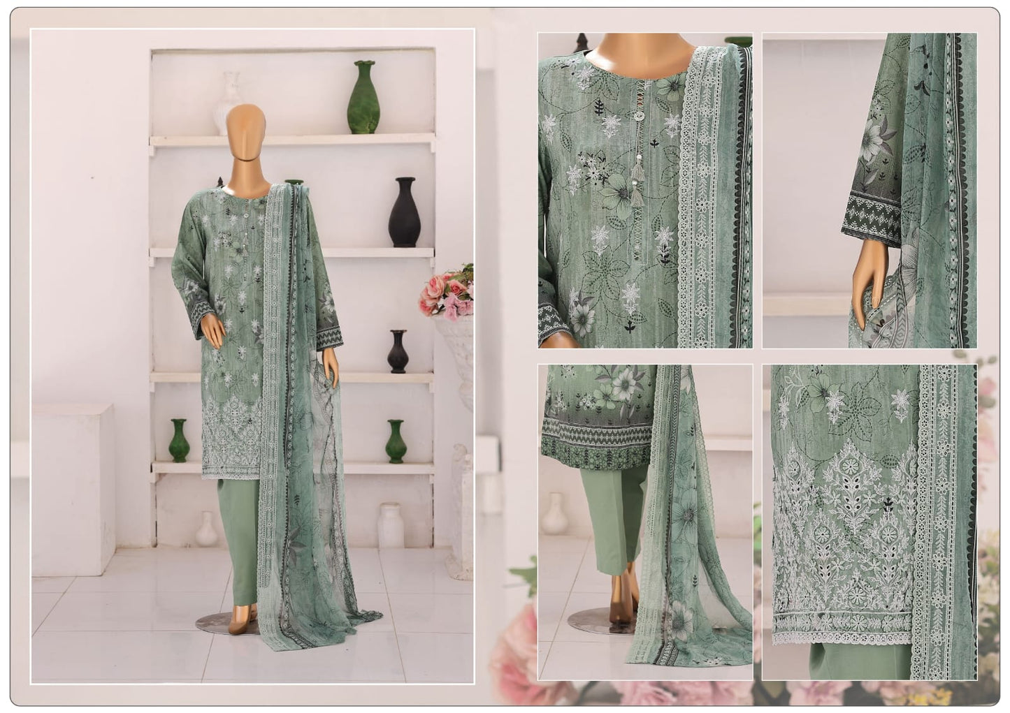 HZ Premium Vol-02 3 Peices Embroidered with Printed Chikankari 05 Pcs Set