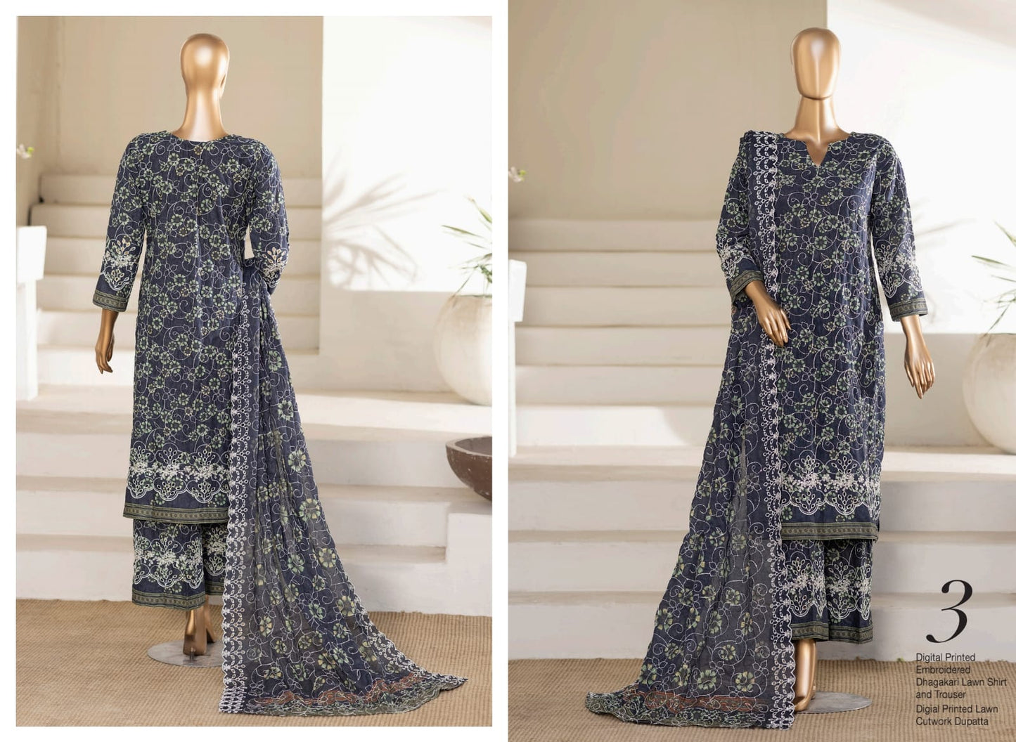 MTF Cool & Classy Vibes 3 Peices Digital Printed Embroidered Dhagakari Lawn 12 Pcs Set