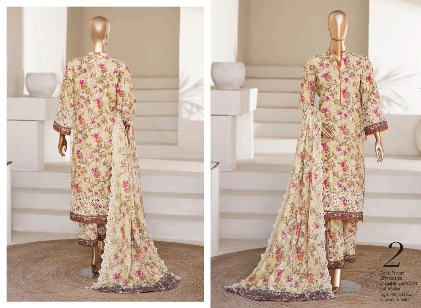 MTF Cool & Classy Vibes 3 Peices Digital Printed Embroidered Dhagakari Lawn 12 Pcs Set