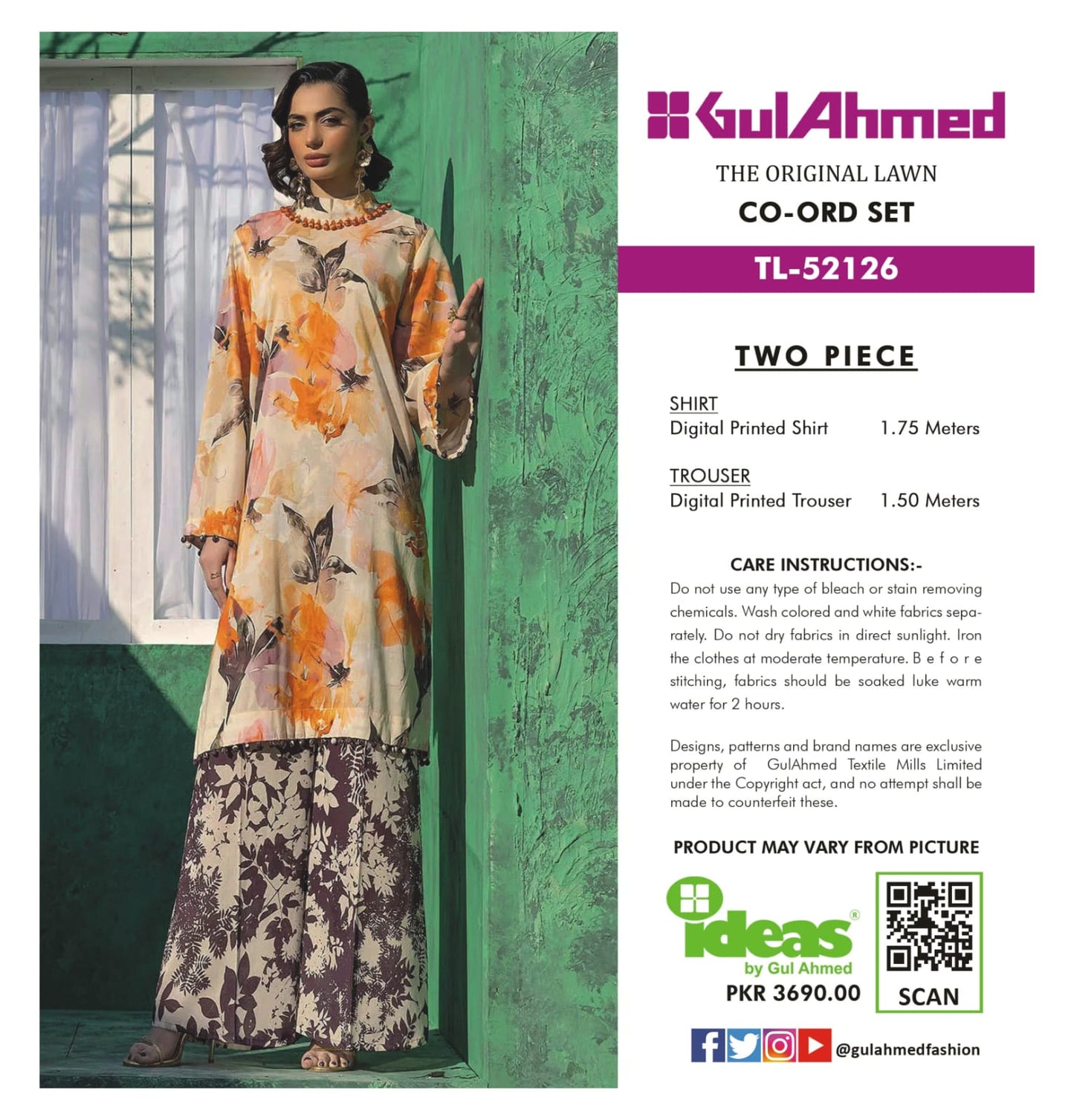 Gul Ahmed Co-ord Set 2 Peices Shirt Trouser Luxury Digital Printed Air Jet Lawn 10 Pcs Set