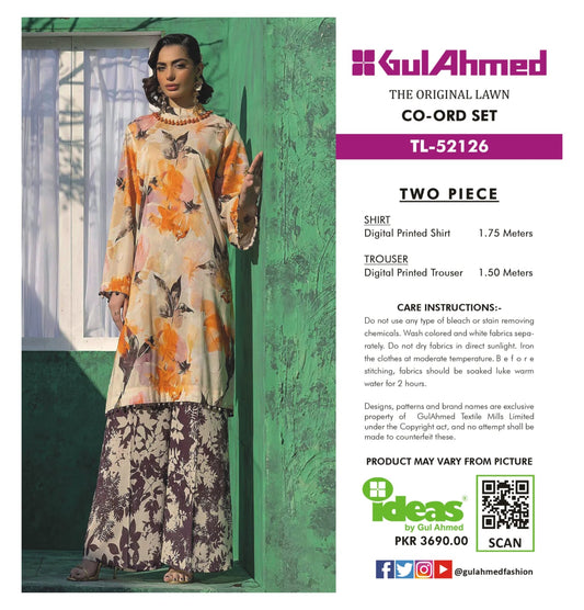 Gul Ahmed Co-ord Set 2 Peices Shirt Trouser Luxury Digital Printed Air Jet Lawn 10 Pcs Set