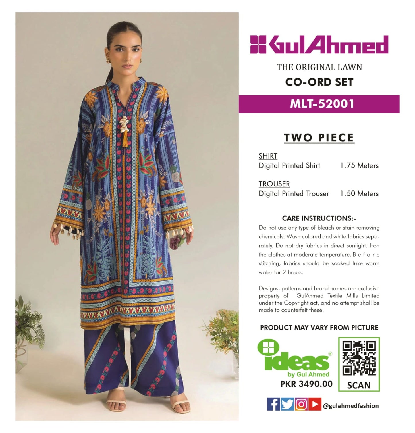 Gul Ahmed Co-ord Set 2 Peices Shirt Trouser Luxury Digital Printed Air Jet Lawn 10 Pcs Set