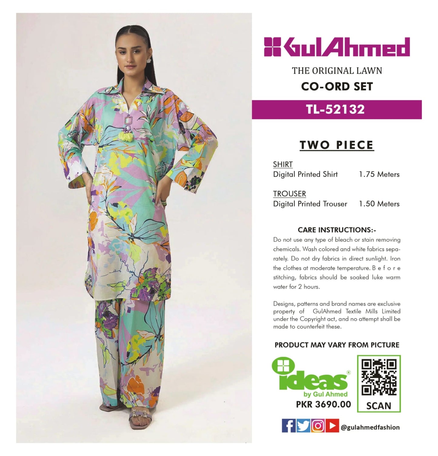 Gul Ahmed Co-ord Set 2 Peices Shirt Trouser Luxury Digital Printed Air Jet Lawn 10 Pcs Set