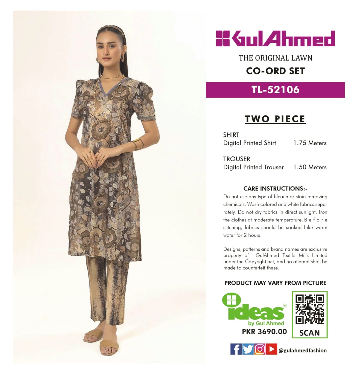 Gul Ahmed Co-ord Set 2 Peices Shirt Trouser Luxury Digital Printed Air Jet Lawn 10 Pcs Set