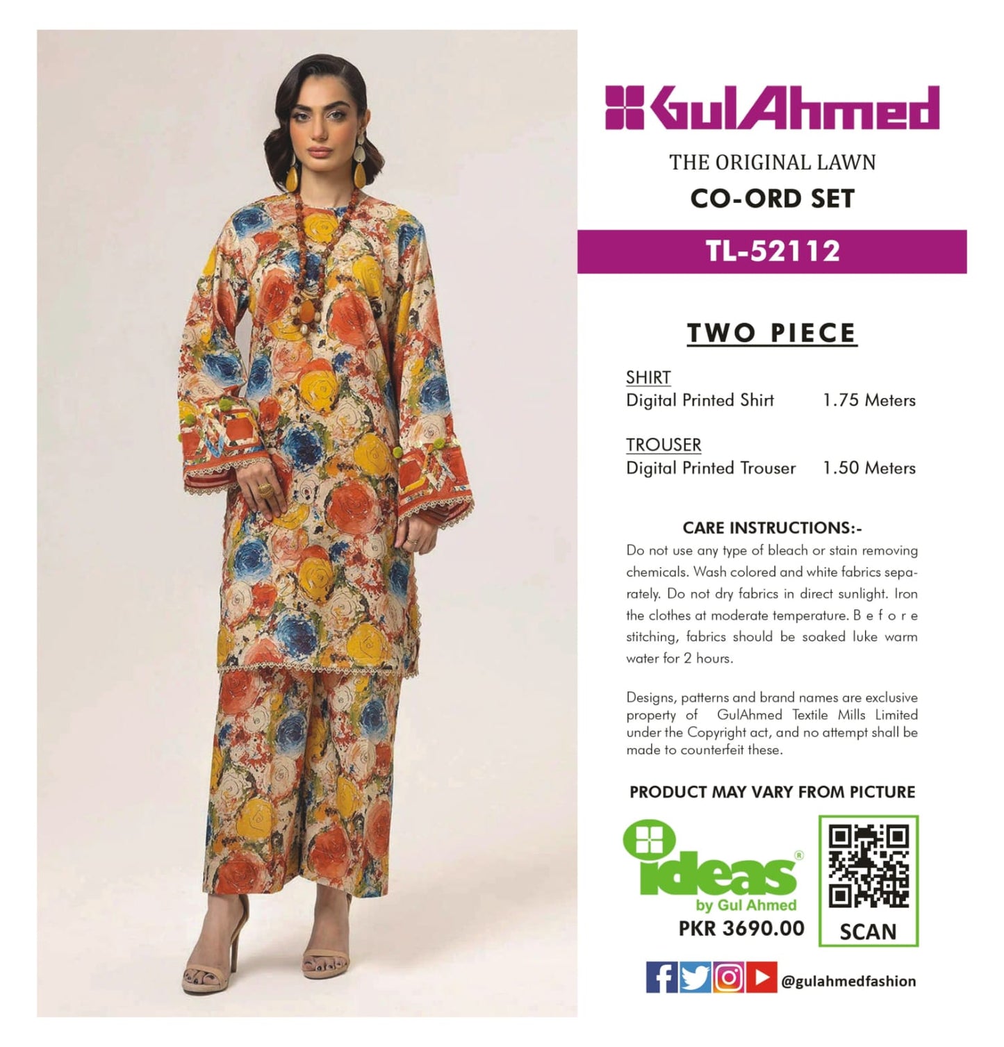 Gul Ahmed Co-ord Set 2 Peices Shirt Trouser Luxury Digital Printed Air Jet Lawn 10 Pcs Set