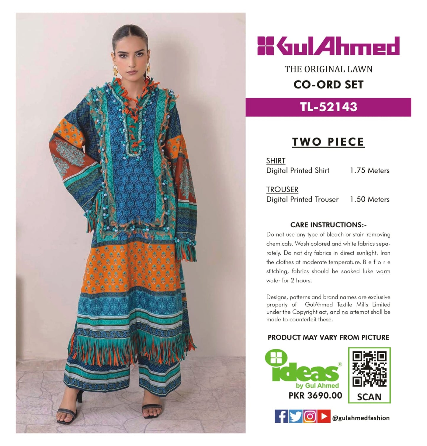 Gul Ahmed Co-ord Set 2 Peices Shirt Trouser Luxury Digital Printed Air Jet Lawn 10 Pcs Set