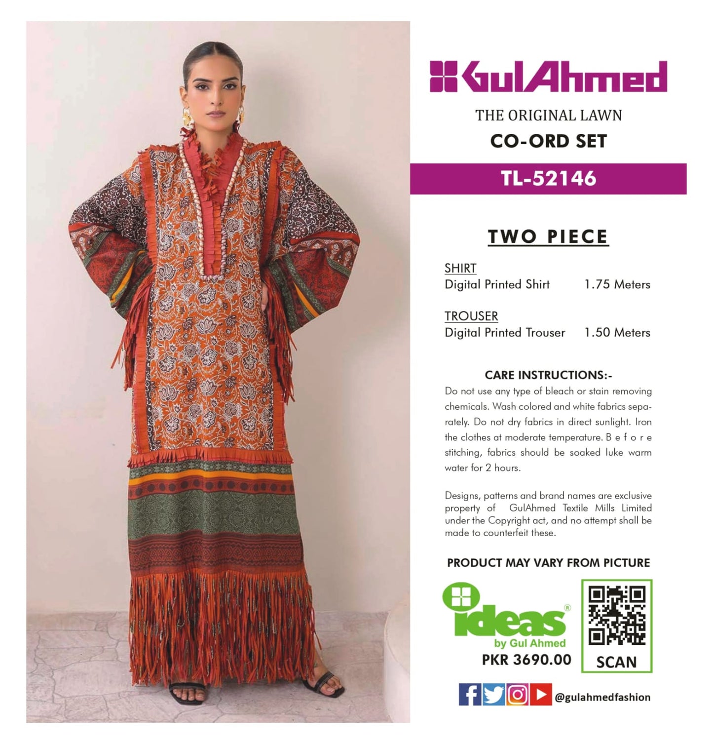 Gul Ahmed Co-ord Set 2 Peices Shirt Trouser Luxury Digital Printed Air Jet Lawn 10 Pcs Set
