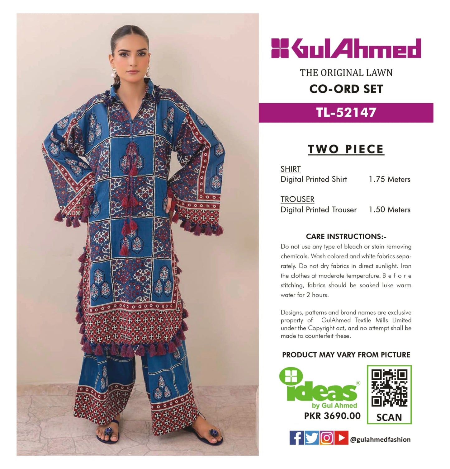 Gul Ahmed Co-ord Set 2 Peices Shirt Trouser Luxury Digital Printed Air Jet Lawn 10 Pcs Set