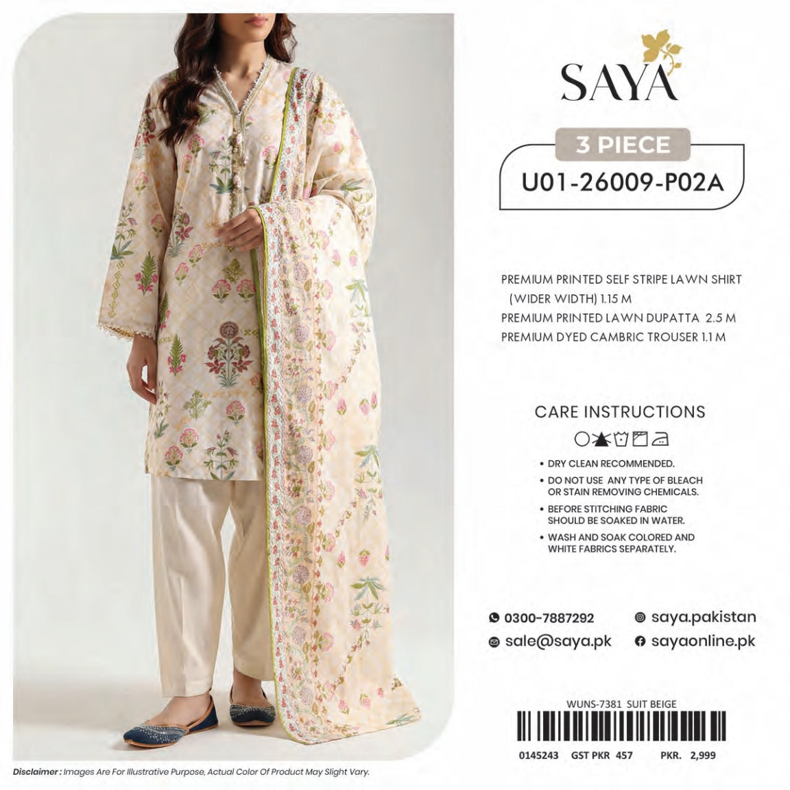 Saya Premium Printed Lawn 3 Peices Printed Lawn 08 Pcs Set