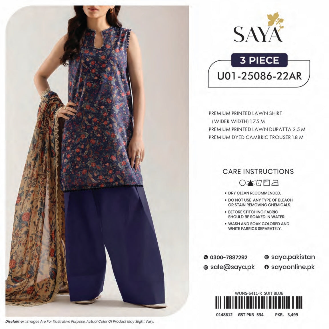 Saya Premium Printed Lawn 3 Peices Printed Lawn 08 Pcs Set