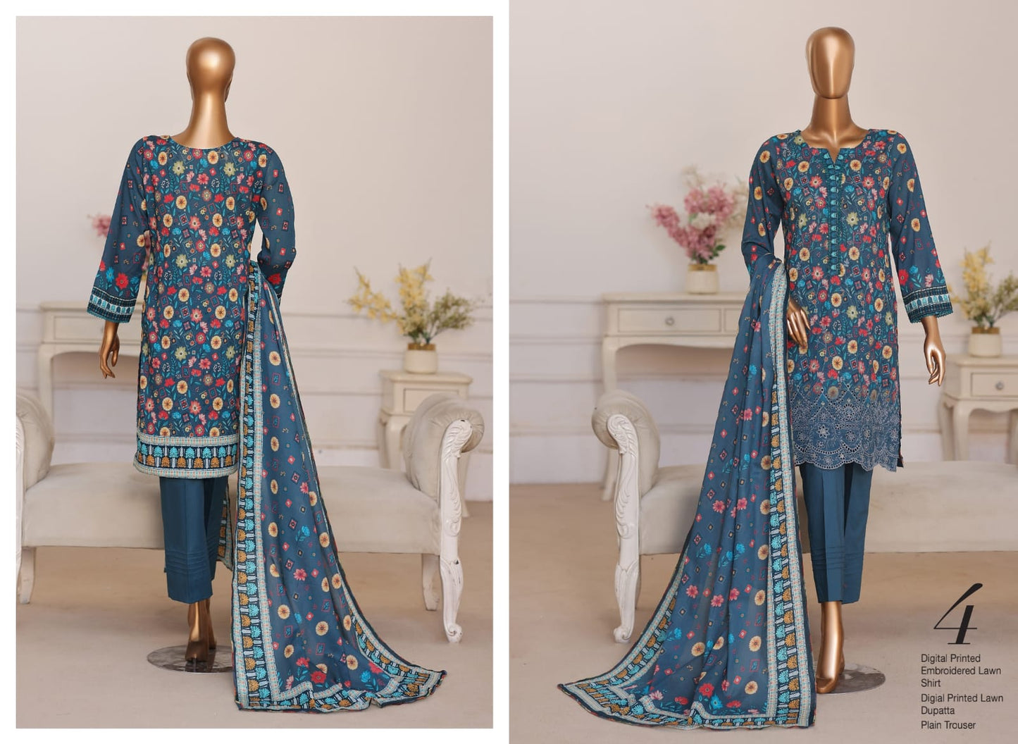 MTF Summer Queen 3 Peices Digital Printed Embroidered Lawn 12 Pcs Set