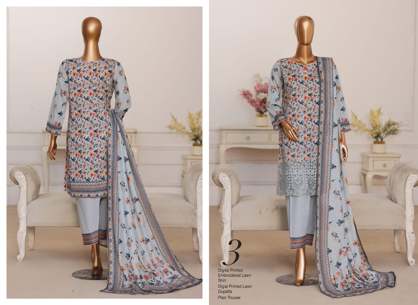MTF Summer Queen 3 Peices Digital Printed Embroidered Lawn 12 Pcs Set