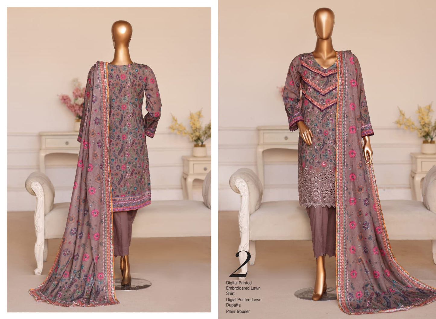 MTF Summer Queen 3 Peices Digital Printed Embroidered Lawn 12 Pcs Set